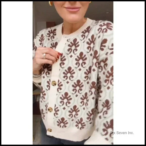 Vintage Floral Cardigan Open Front Chunky Knit Sweater Y2K Retro Chic Outerwear - Picture 7 of 7